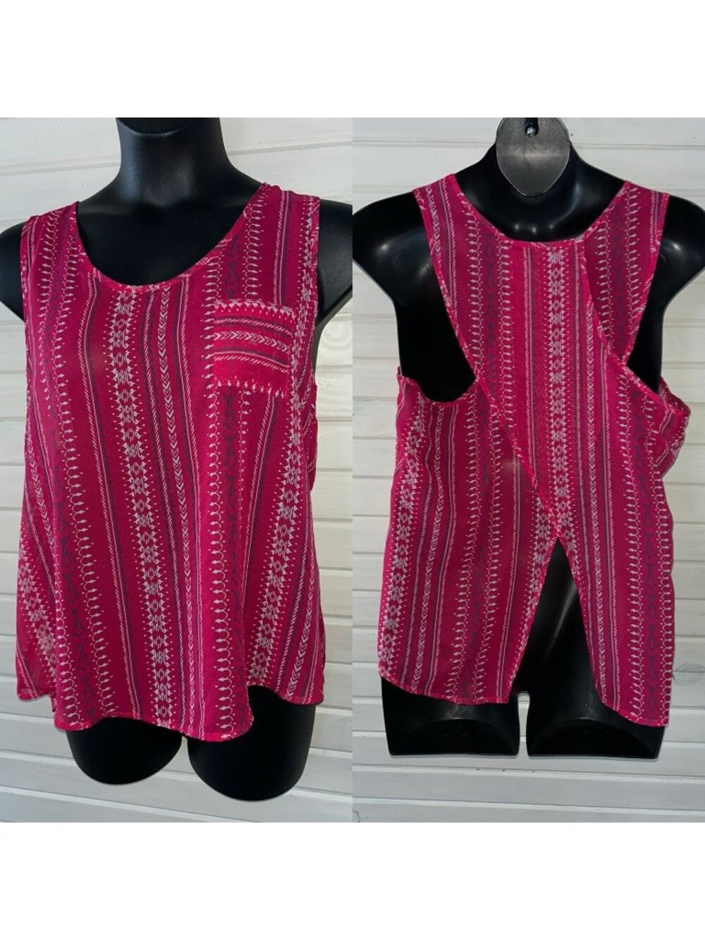Cruel Sz XL Pink Sleeveless Poly Chiffon Split Back Tunic Top Geometric EUC